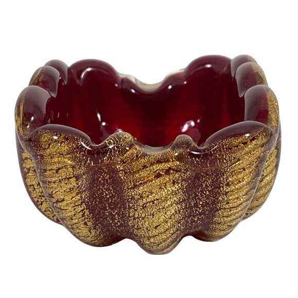 Vintage Deep Red Gold Flecks Inlay Art Glass Mid Century Bowl Trinket Dish - Picture 6 of 13